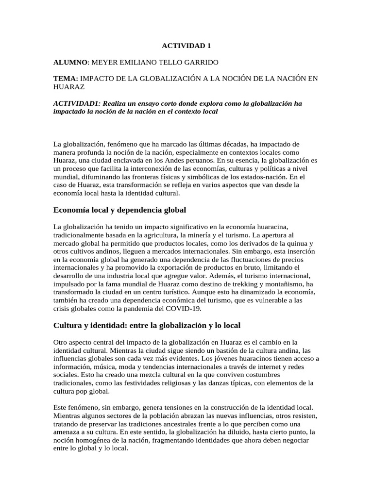Impacto de La Globalizacion en Huaraz | PDF | Globalización | Turismo