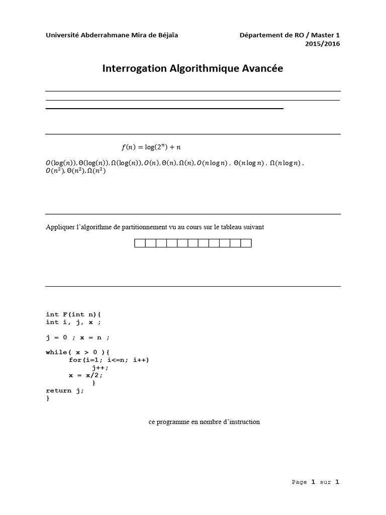 Interrogation d'Algorithmique Avancée | PDF | Méthodes et références ...