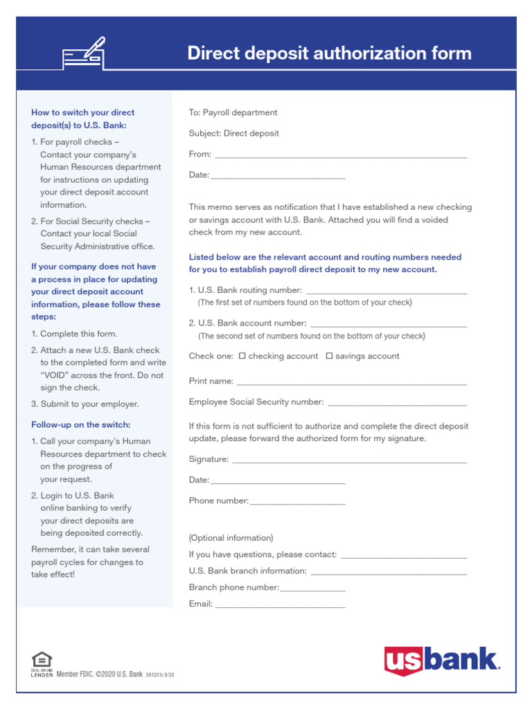 Direct Deposit Setup Guide for U.S. Bank | PDF | Banking