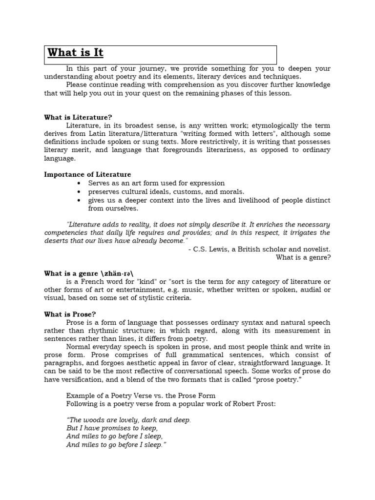 Understanding Poetry and Prose Elements | PDF | Narration | Plot ...