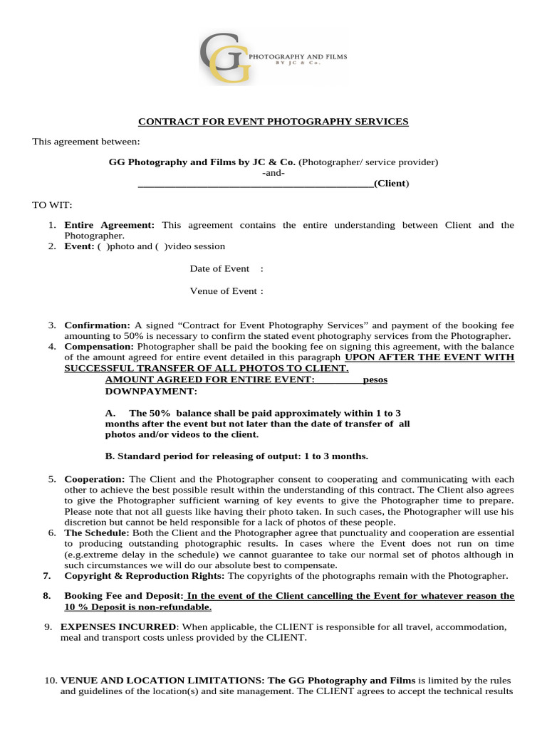 2024 contract between client and photographer pdf photographer