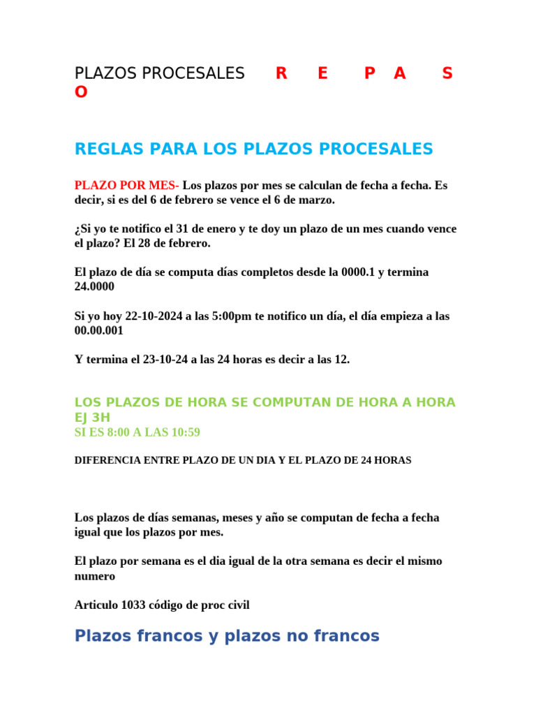 Reglas y Plazos Procesales Esenciales | PDF | Demanda judicial | Ley ...