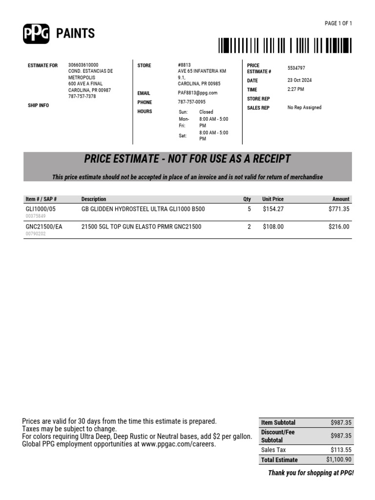 Price Estimate Document For Order 5534797 | PDF