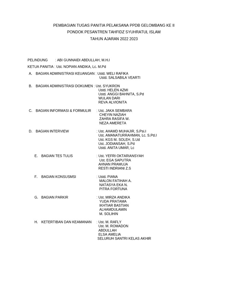 Pembagian Tugas Panitia Pelaksana PPDB Gelombang Ke Ii | PDF
