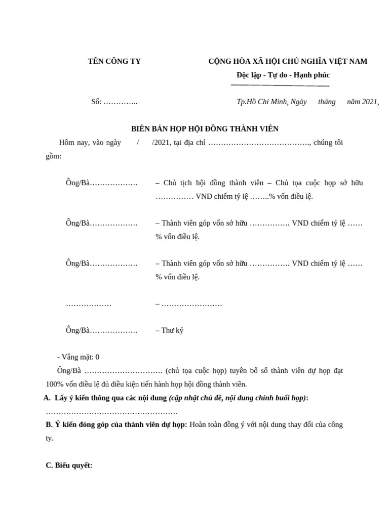 Mẫu Biên Bản Họp Hội Đồng Thành Viên | PDF