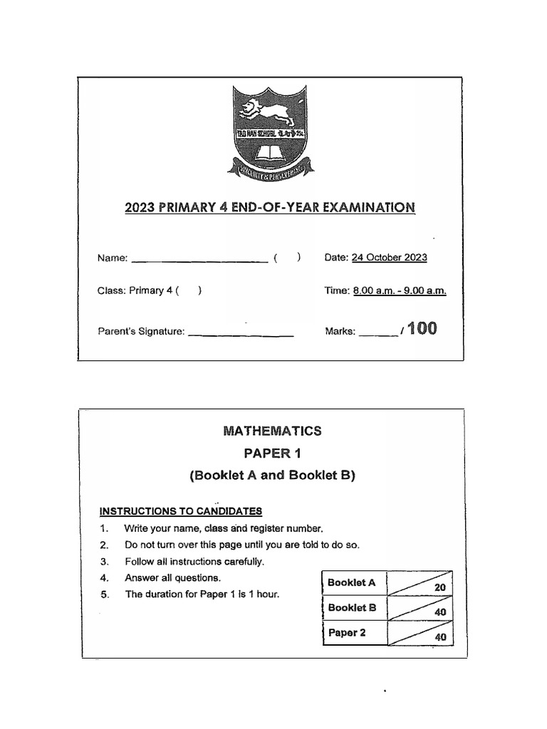 2023 Primary 4 Math Exam Paper | PDF | Qualifications | Educational ...