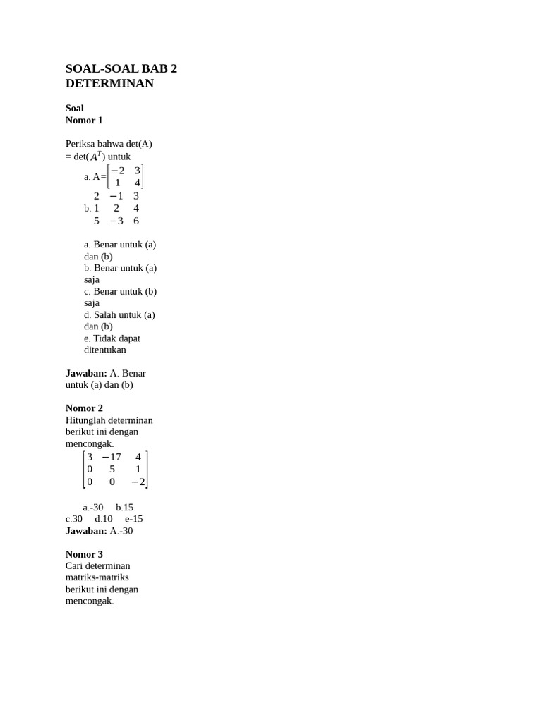 SOAL ALJABAR LINEAR REVISI (Determinan) | PDF