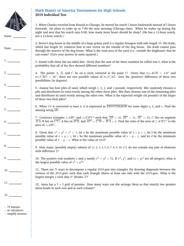 2019 Math Majors Tournament Test | PDF | Area | Mathematics