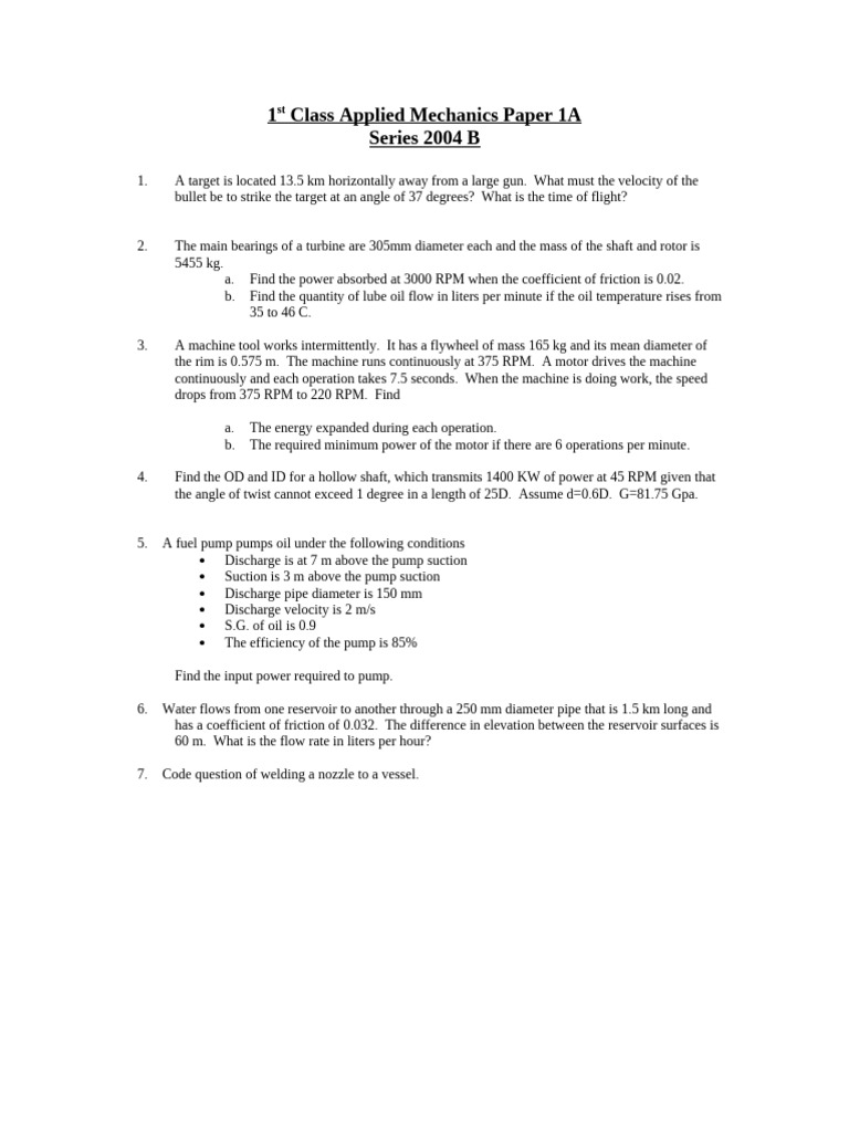 Applied Mechanics Exam Questions 2004 | PDF