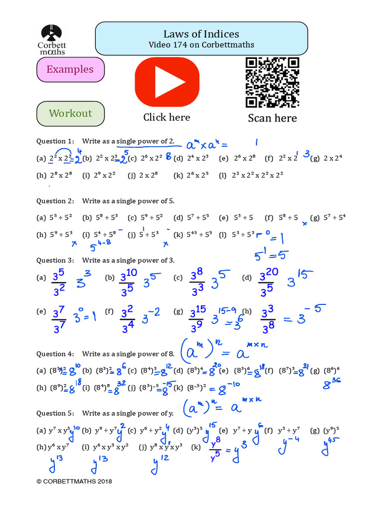 Laws of Indices Exercises | PDF
