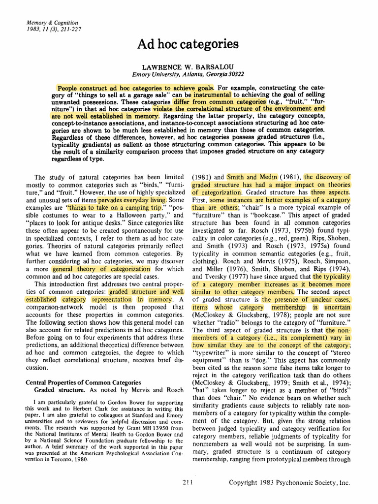 Barsalou 2019 Ad Hoc Categ | PDF | Concept | Experiment