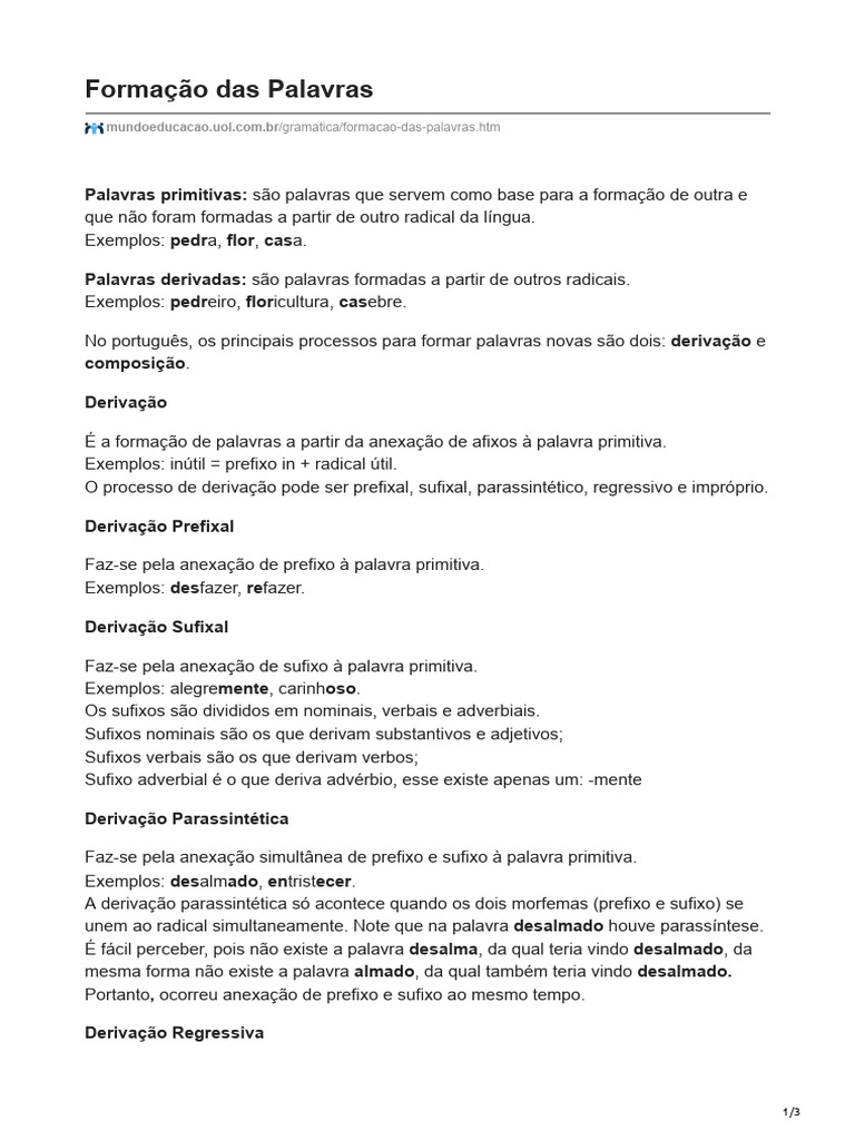 Formação e Composição de Palavras | PDF | Palavra | Morfologia linguística
