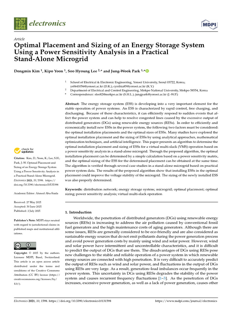 Optimal Placement and Sizing of An Energy Storage | PDF | Linear ...
