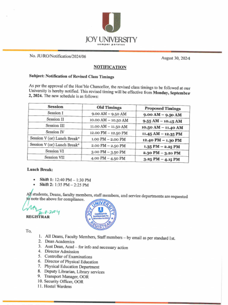 Notification of Revised Class Timings | PDF