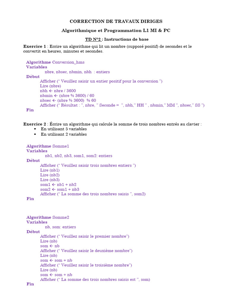 Exercices Corrigés d'Algorithmique L1 | PDF | Informatique