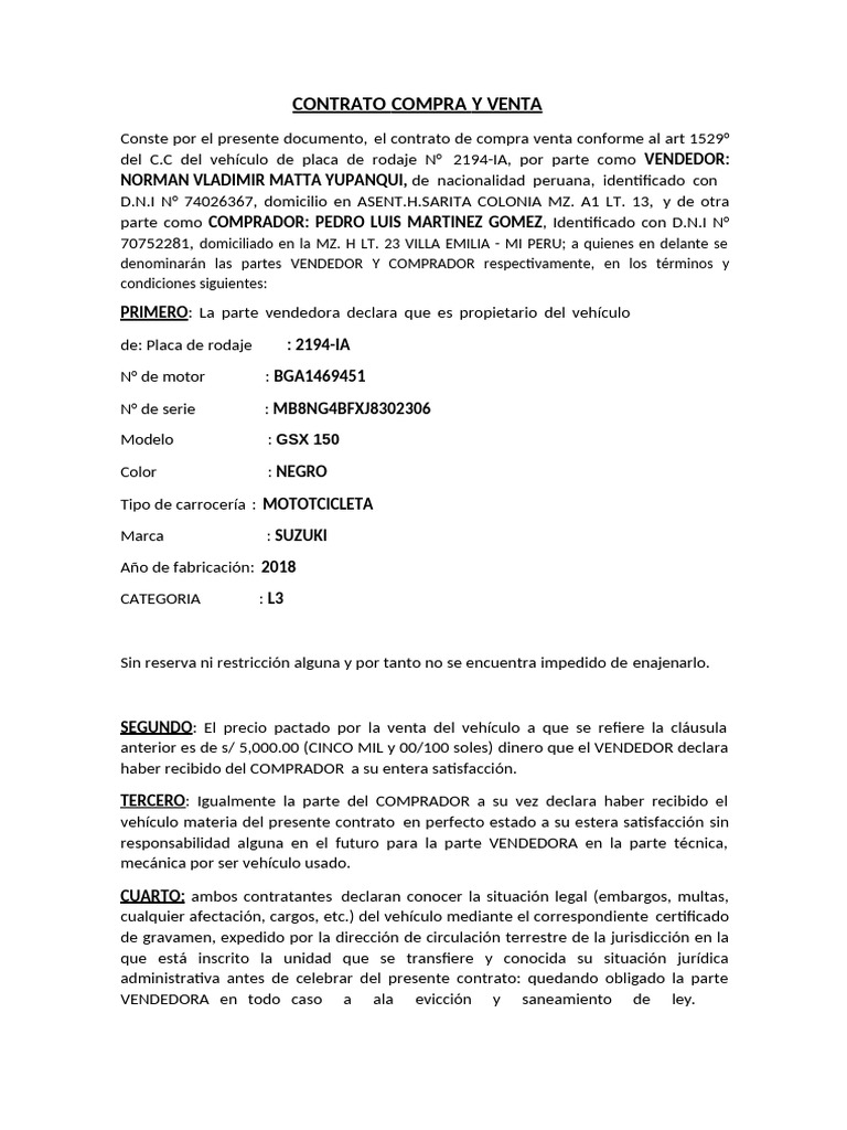 Contrato de Compra y Venta de Moto | PDF
