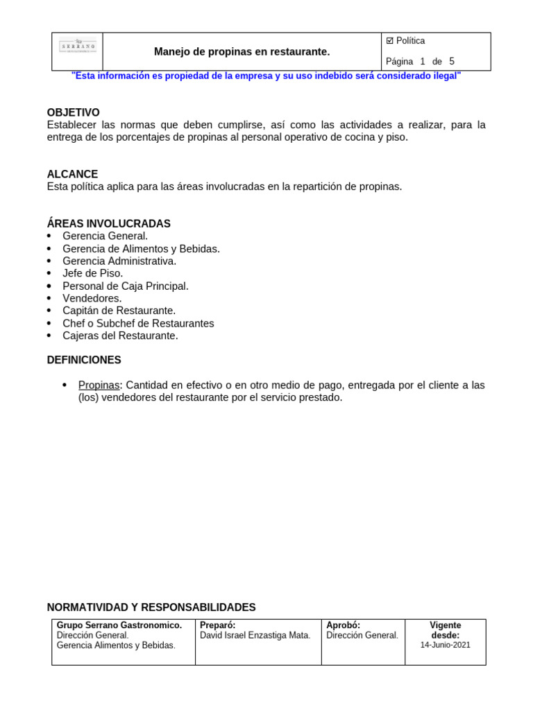 Política de Manejo de Propinas en Restaurantes | PDF | Restaurantes ...