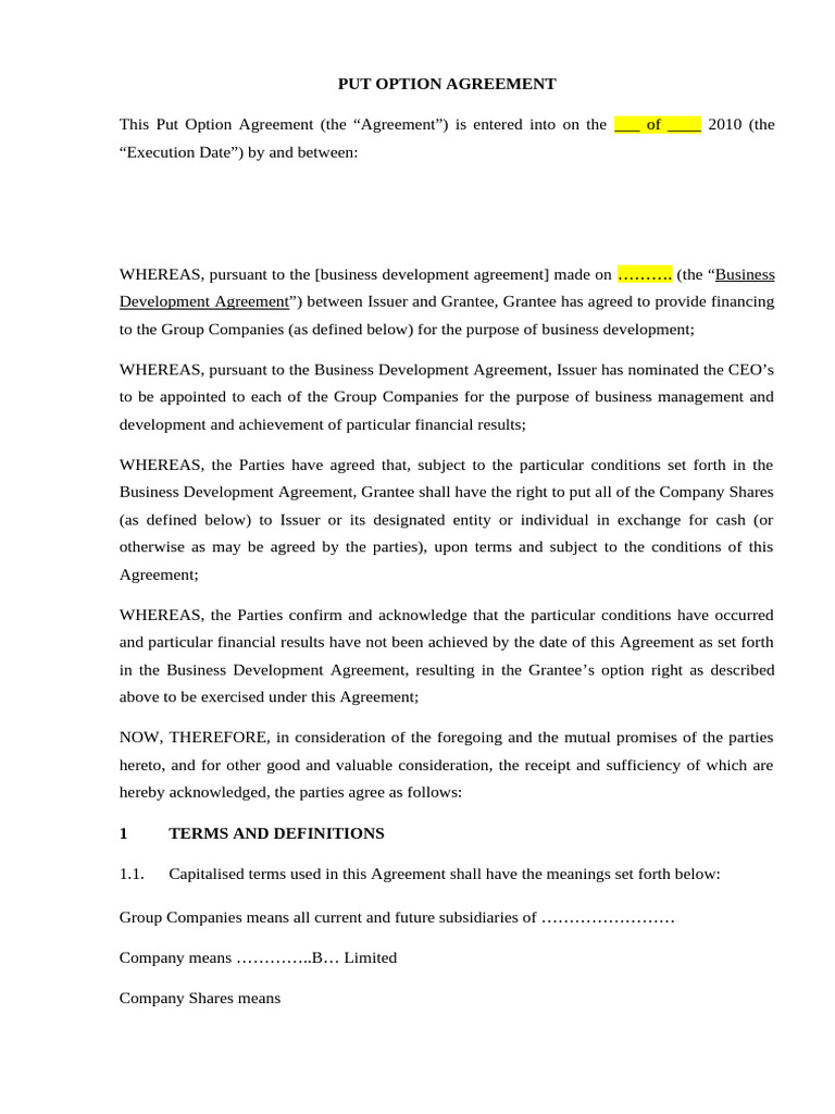 Put Option Agreement Overview | PDF | Indemnity | Option (Finance)