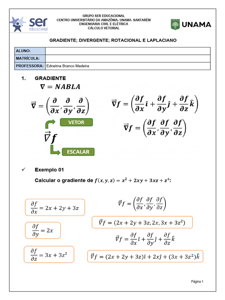 Cálculo de Gradiente, Divergente e Rotacional | PDF | Cálculo vetorial ...