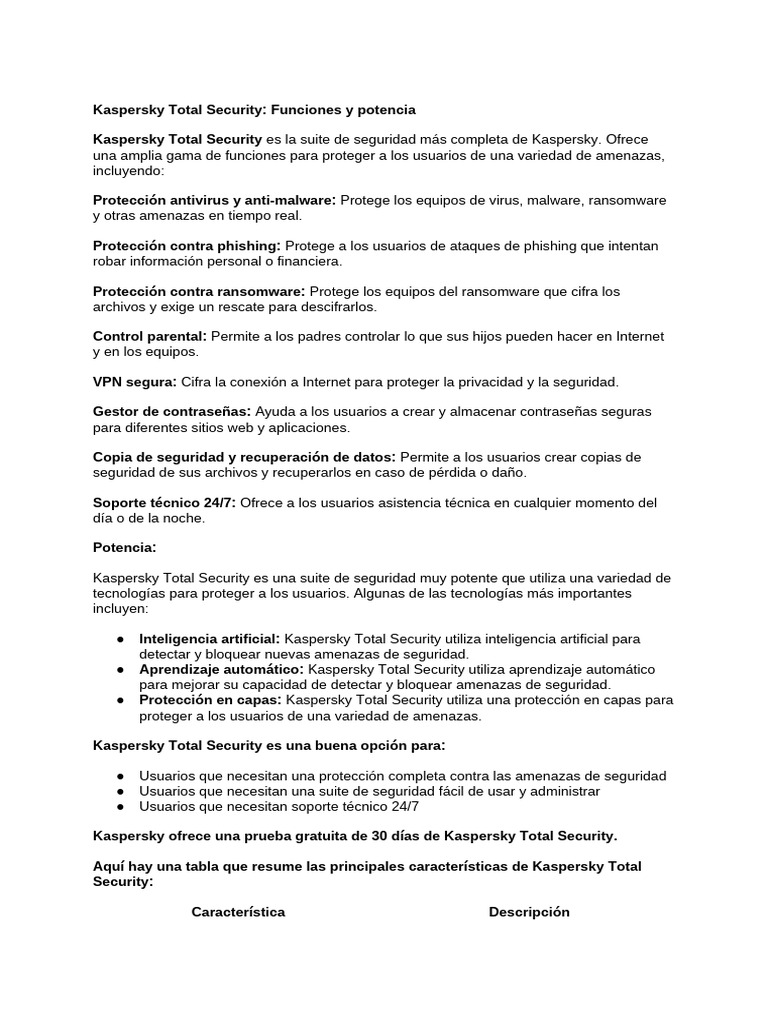 Que funciones trae y que tan potente es kaspersky total security pdf