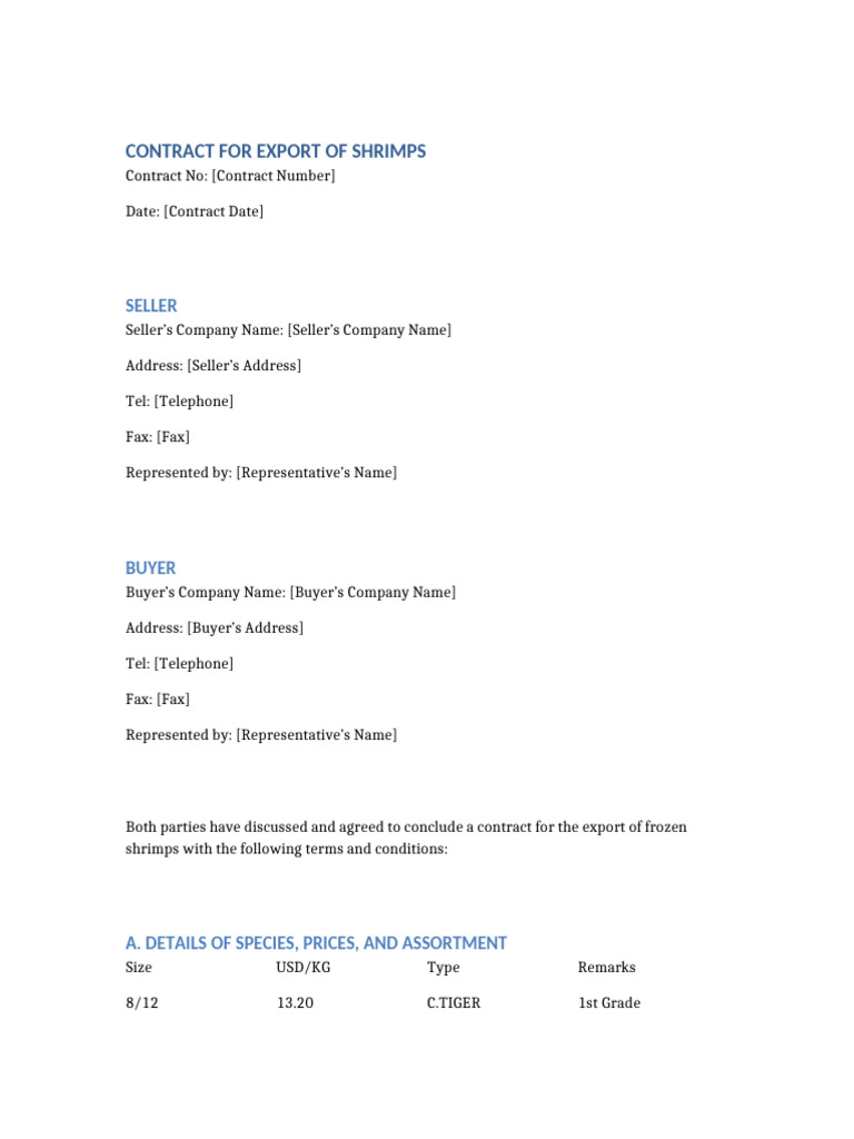 Export Contract for Frozen Shrimps | PDF | Cargo | Letter Of Credit