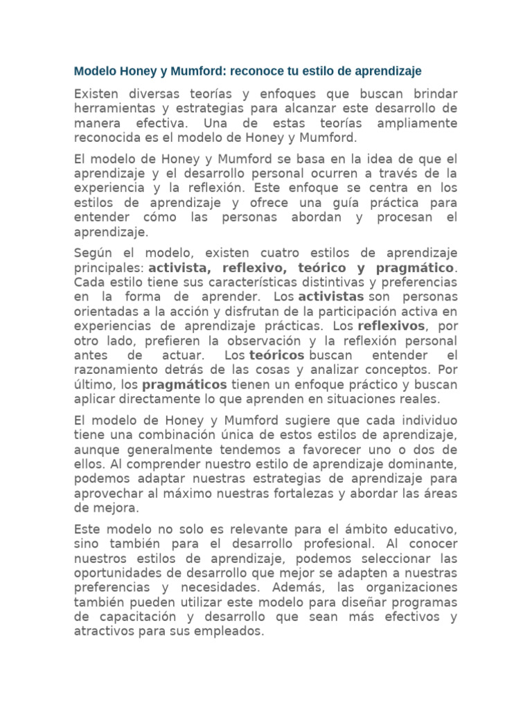 Estilos de Aprendizaje: Honey y Mumford | PDF | Aprendizaje ...