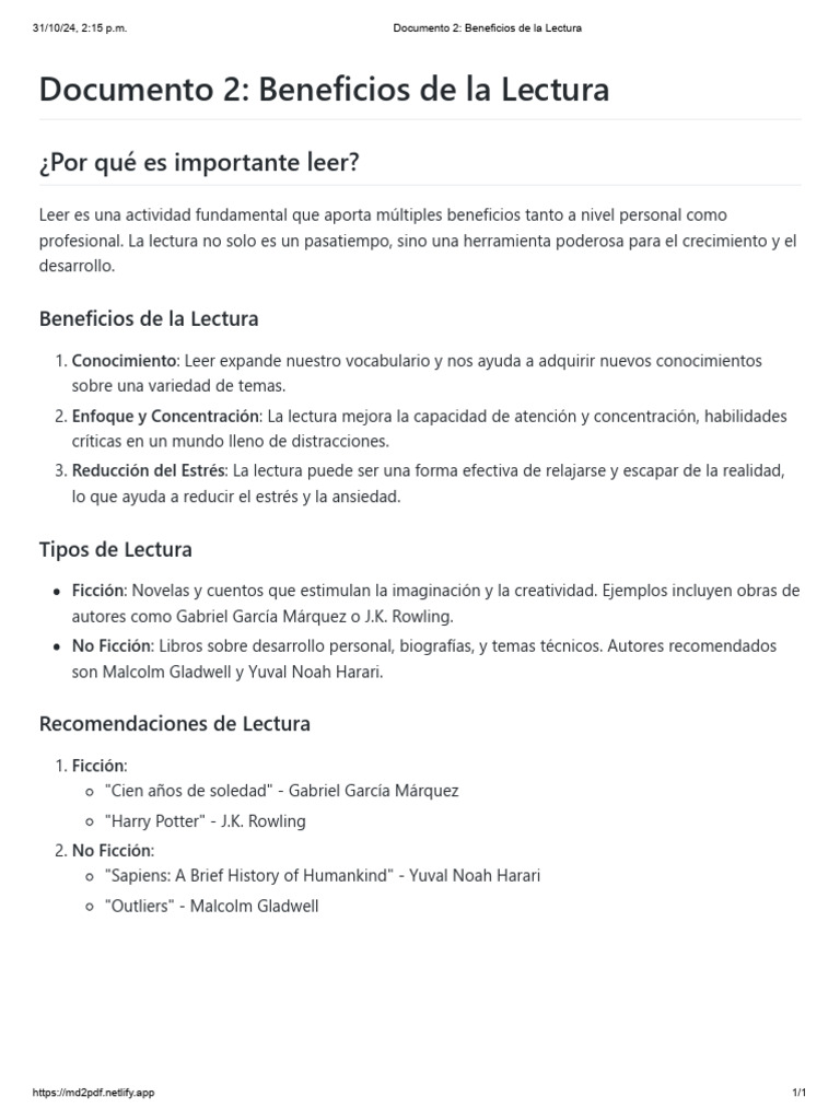Documento 2 - Beneficios de La Lectura | PDF
