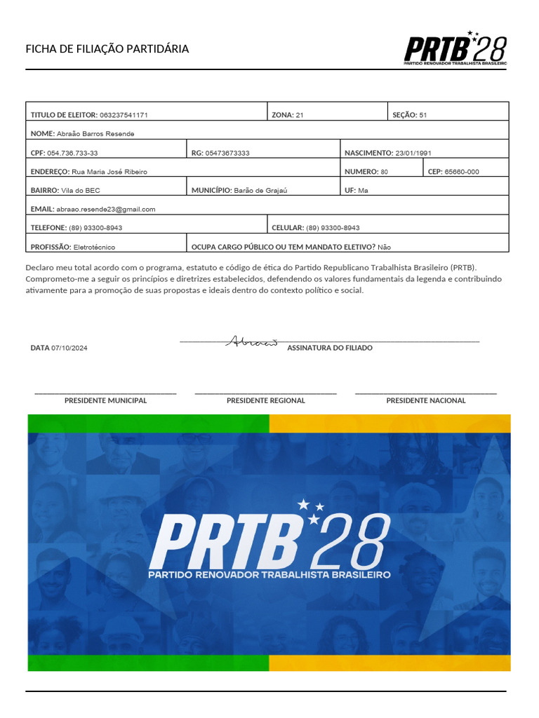 Ficha de Filiação PRTB - Abraão Resende | PDF