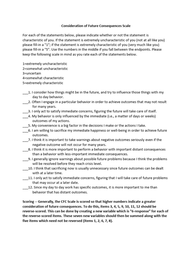 Future Consequences Assessment Scale | PDF | Psychology | Psychological ...