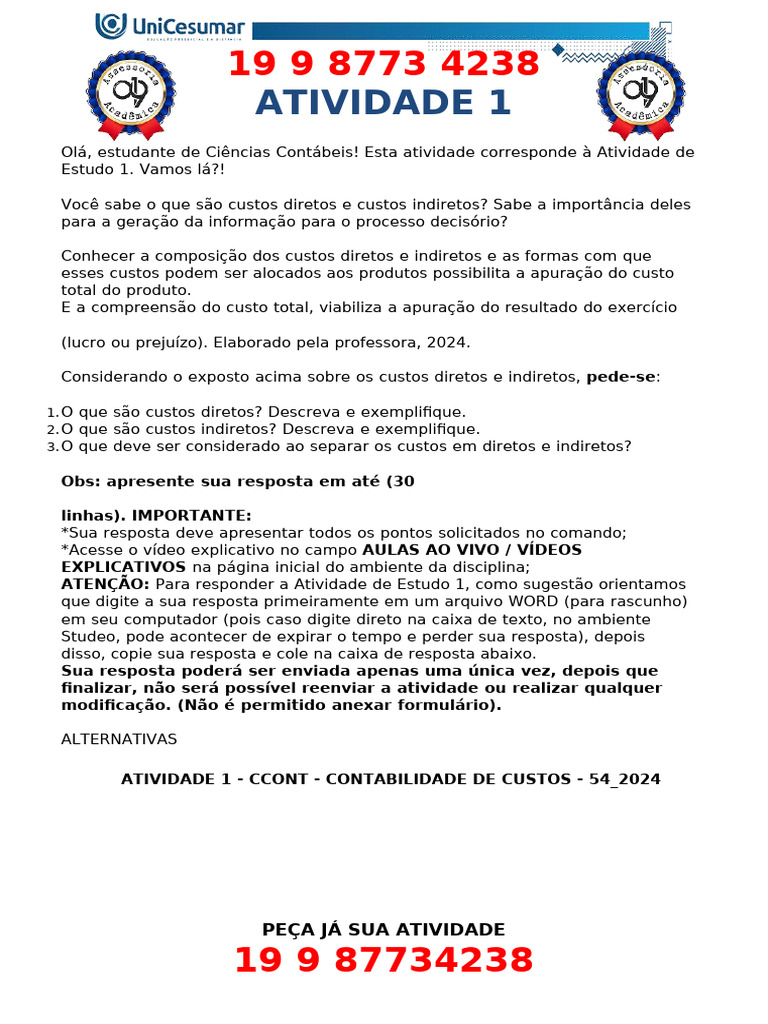 O Que São Custos Diretos Descreva e Exemplifique. 2. O Que São Custos ...