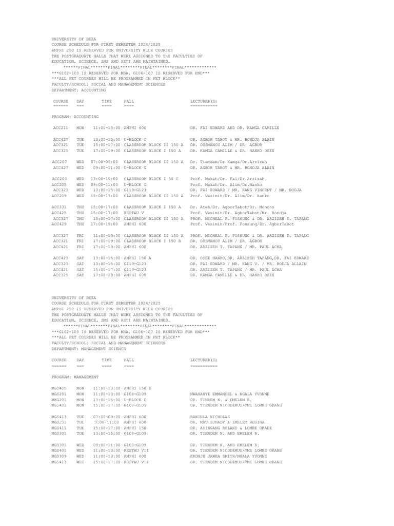 FSMS - First Semester 2024 - 2025 Final Teaching Timetable | PDF ...