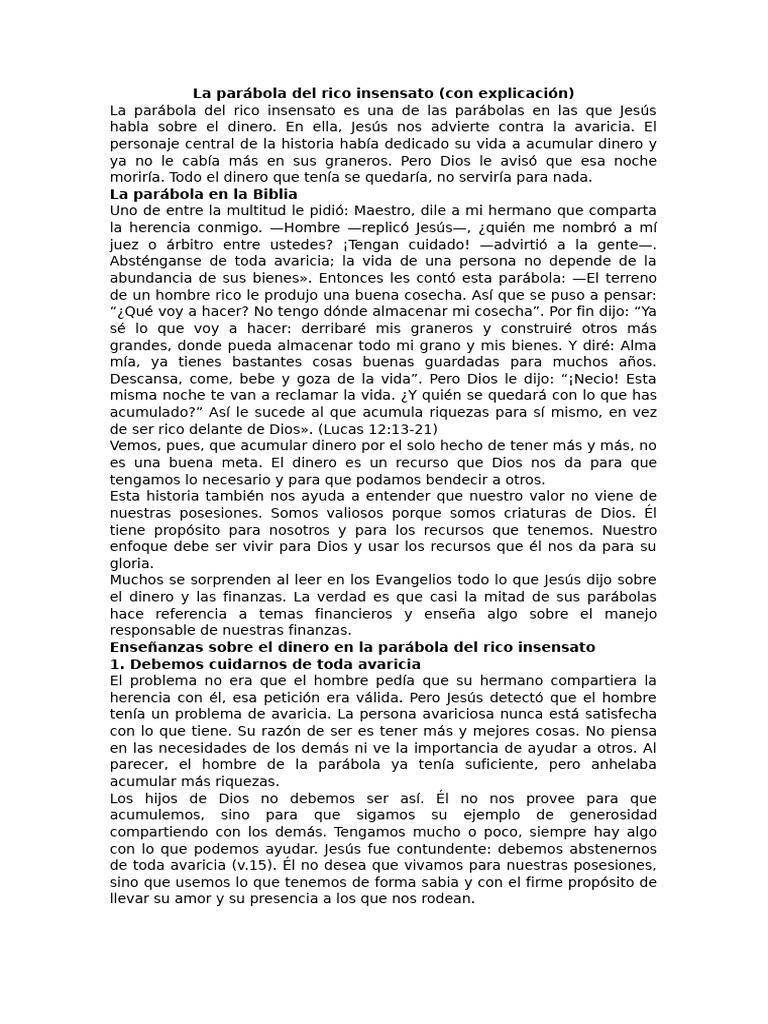 Parábola del Rico Insensato: Lecciones Clave | PDF | espíritu Santo | Dios
