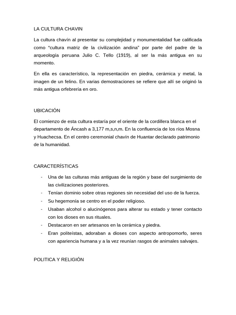 Cultura Chavín: Orígenes y Características | PDF