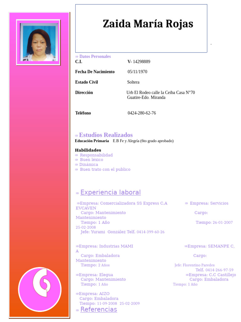 Currículum de Zaida Rojas - Mantenimiento y Embaladora | PDF