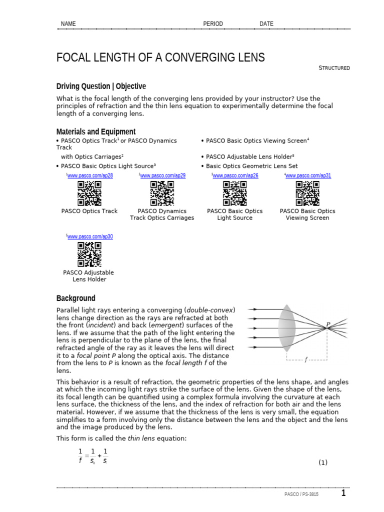 07 AP2 Focal Length of A Converging Lens S | PDF | Optics | Refraction