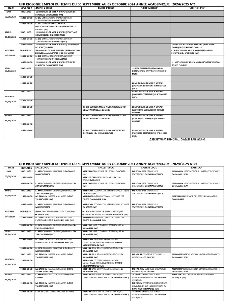 Emploi du temps UPGC 30/09-05/10/2024 | PDF | Chimie | Sciences physiques