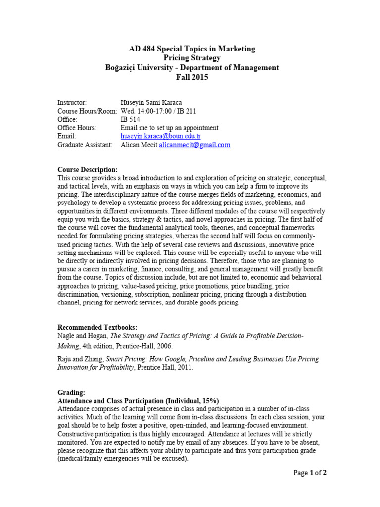 AD484 Fall 2015 Syllabus | PDF | Pricing | Marketing