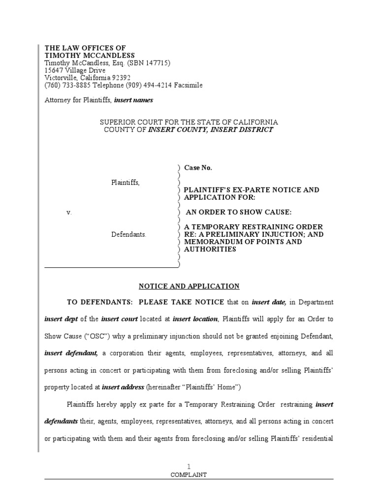 Foreclosure Injunction Tro | PDF | Foreclosure | Loans