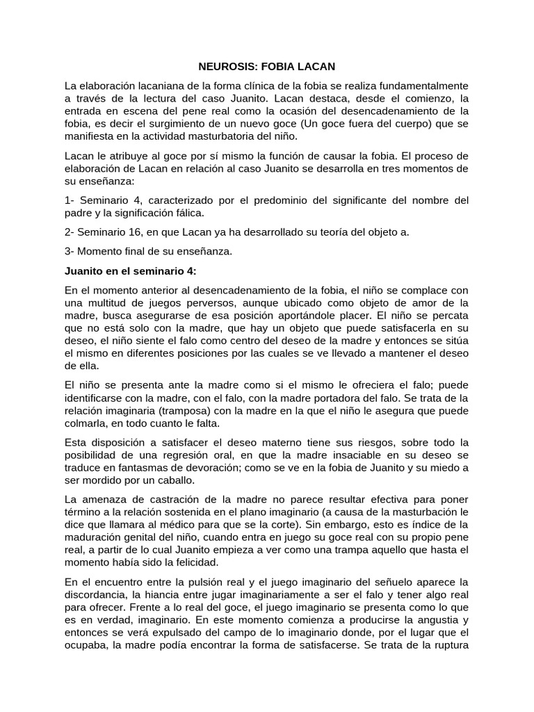Fobia en Lacan: Análisis del Caso Juanito | PDF | Jacques Lacan | Neurosis