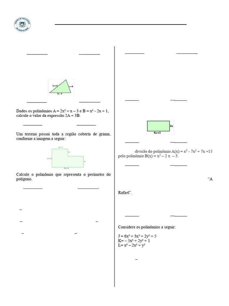 Atividades sobre Polinômios e Perímetros | PDF | Álgebra abstrata | Álgebra