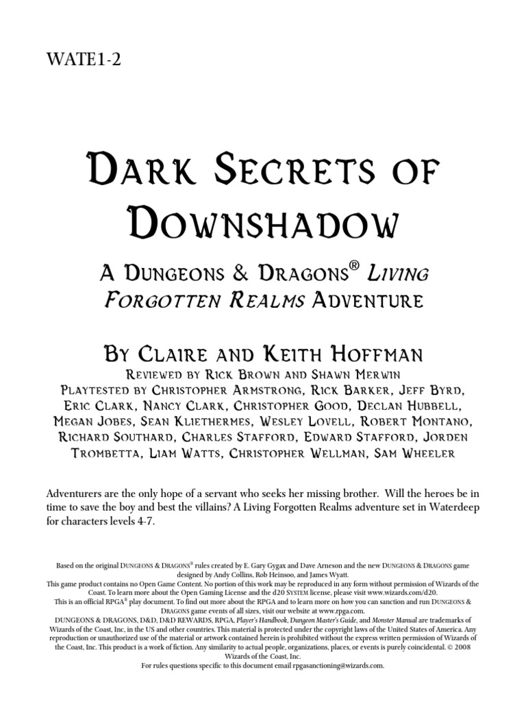 WATE1-2 Dark Secrets of Downshadow | PDF | Dungeons & Dragons | Role ...