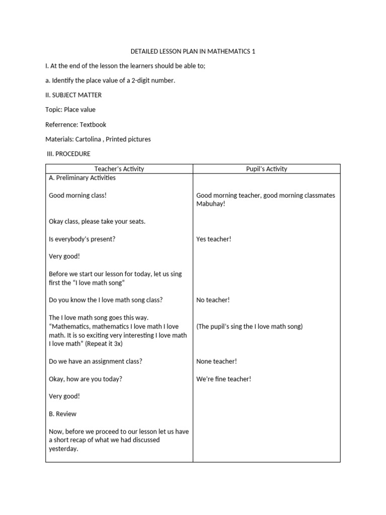 Detailed Lesson Plan Mathematics 1 | PDF | Mathematics | Lesson Plan