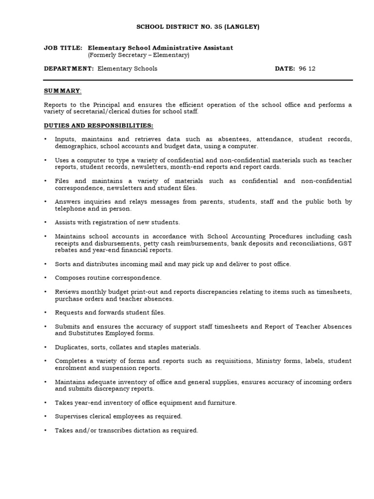 Elementary School Admin Assistant Role | PDF