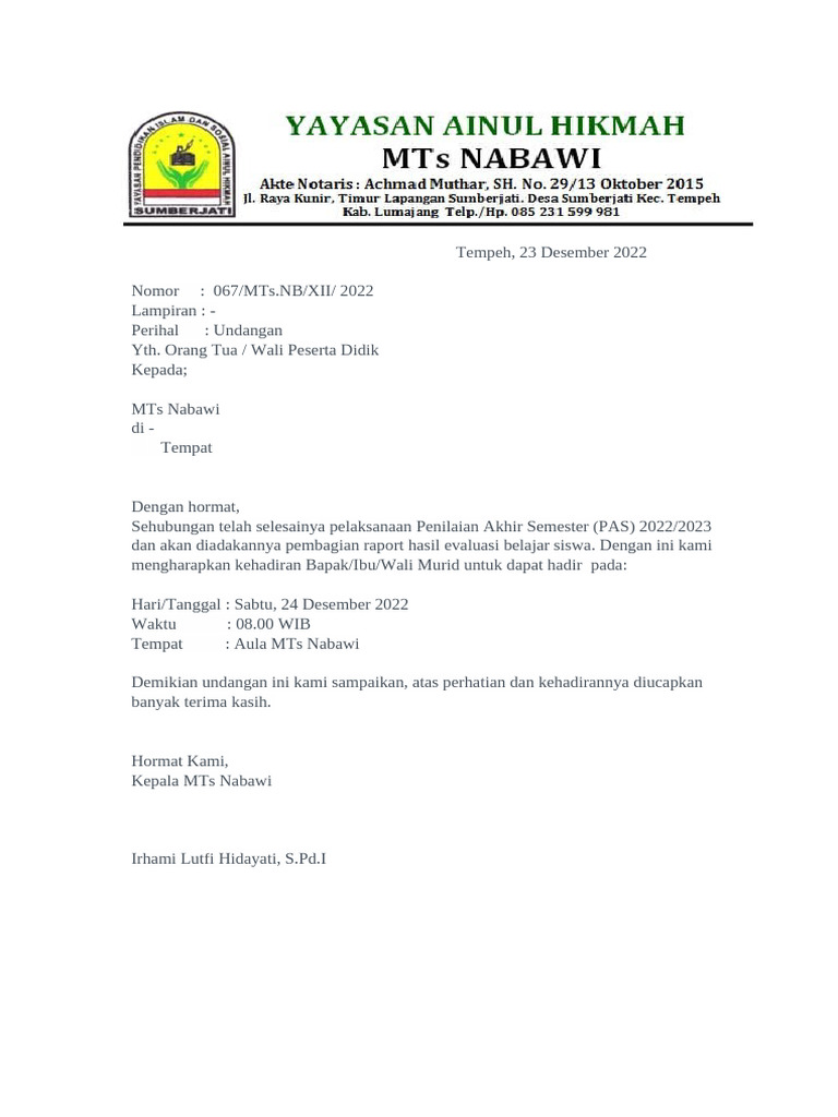 Undangan Pembagian Raport MTs Nabawi | PDF | Sains & Matematika
