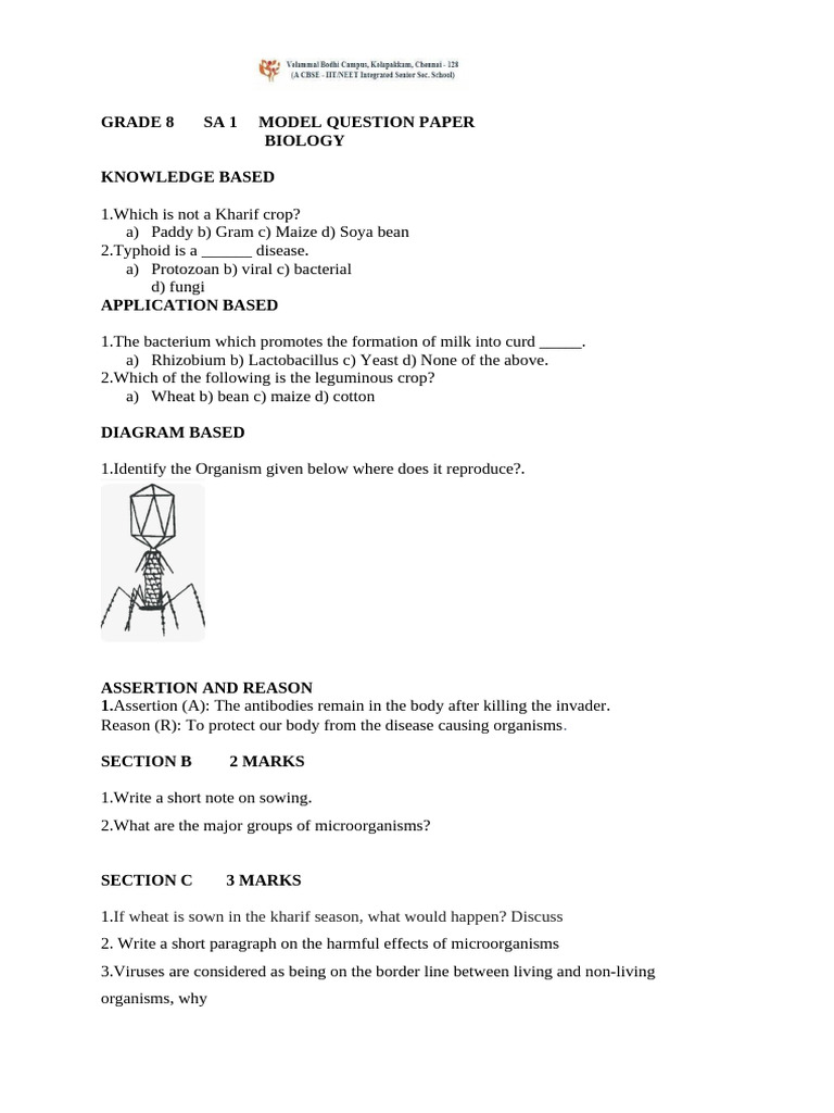 Grade 8 - Sa 1 Bio Model Question Paper | PDF | Microorganism | Wheat