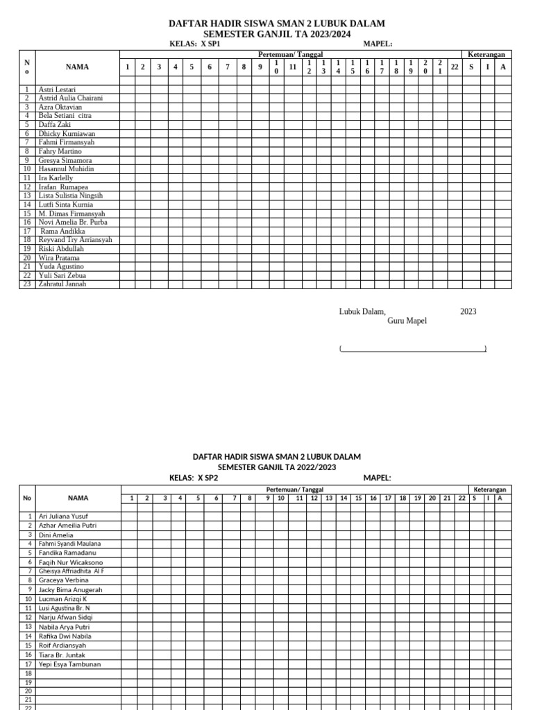 Daftar Hadir Siswa Per Mapel 2023 Ok | PDF