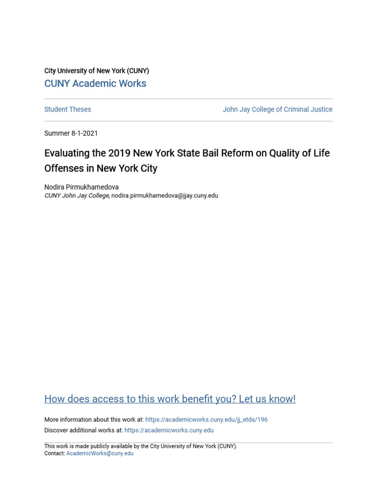 Evaluating The 2019 New York State Bail Reform On Quality of Life | PDF ...