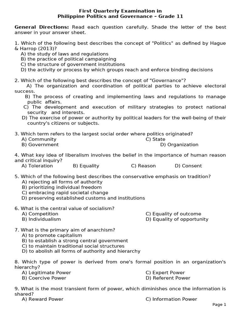 PPG - 1ST Quarter Exam | PDF | Power (Social And Political) | Liberalism