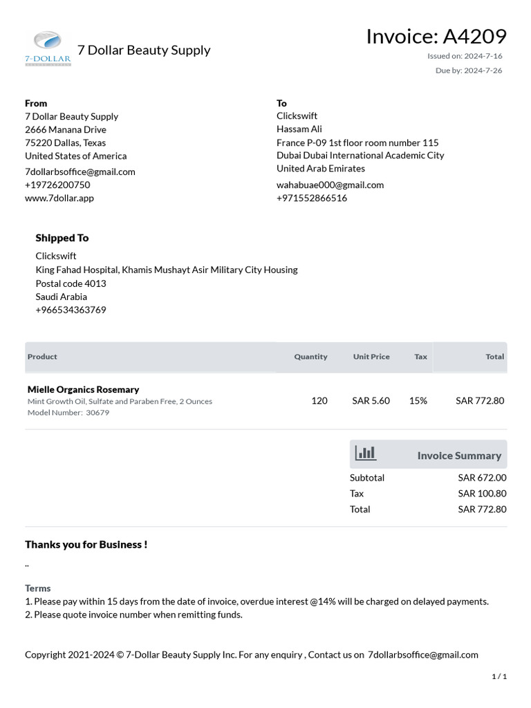 7 Dollar Distributor Invoice For Oil Rosemary | PDF