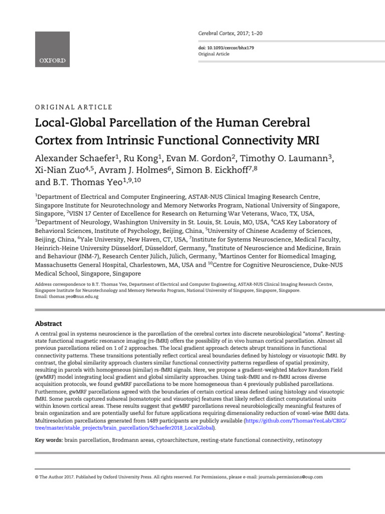 Schaefer Et Al - 2017 - Local-Global Parcellation of The Human Cerebral ...